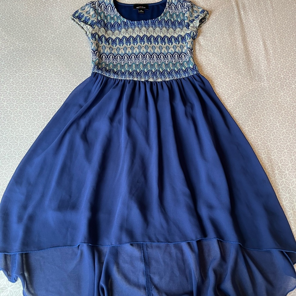 Junior’s Blue Hi-Lo Dress with Crochet Design - Amy’s Closet